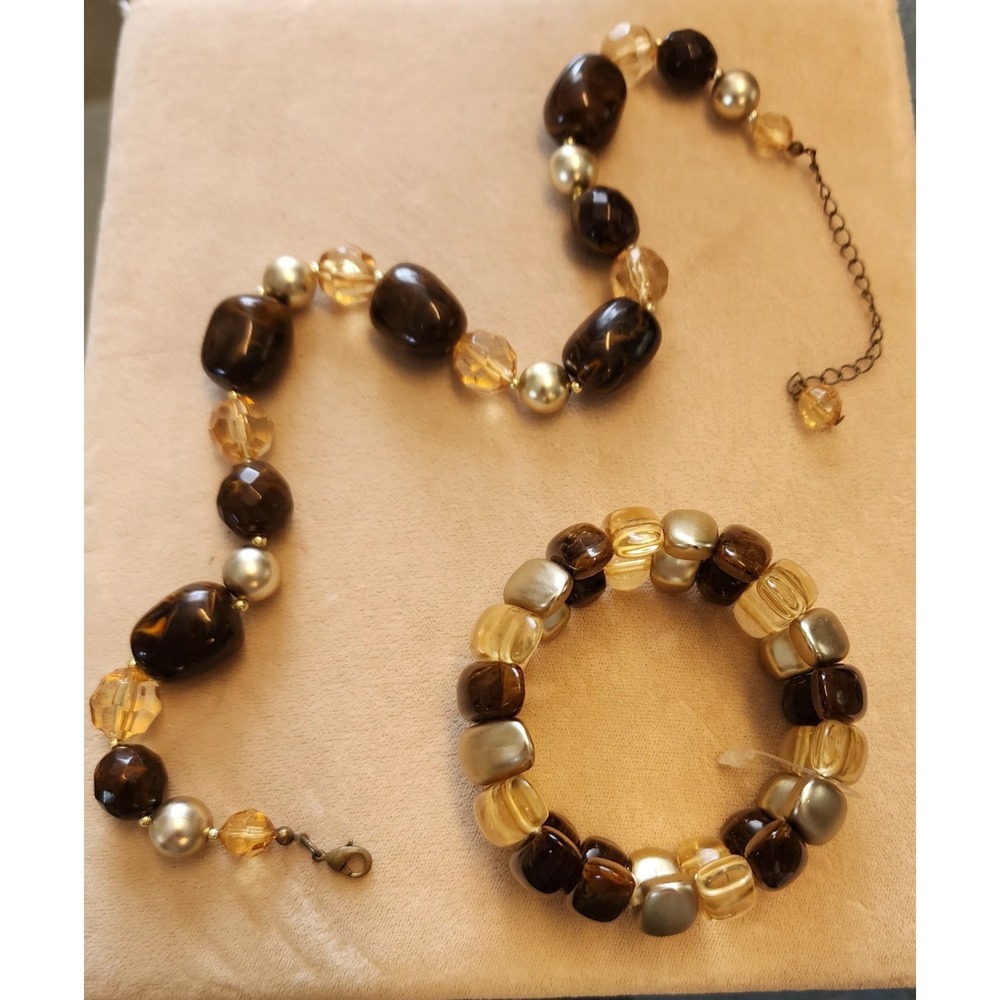 Brown,Gold and Tortoise Colored Fashion Necklace with Stretch Matching Bracelet